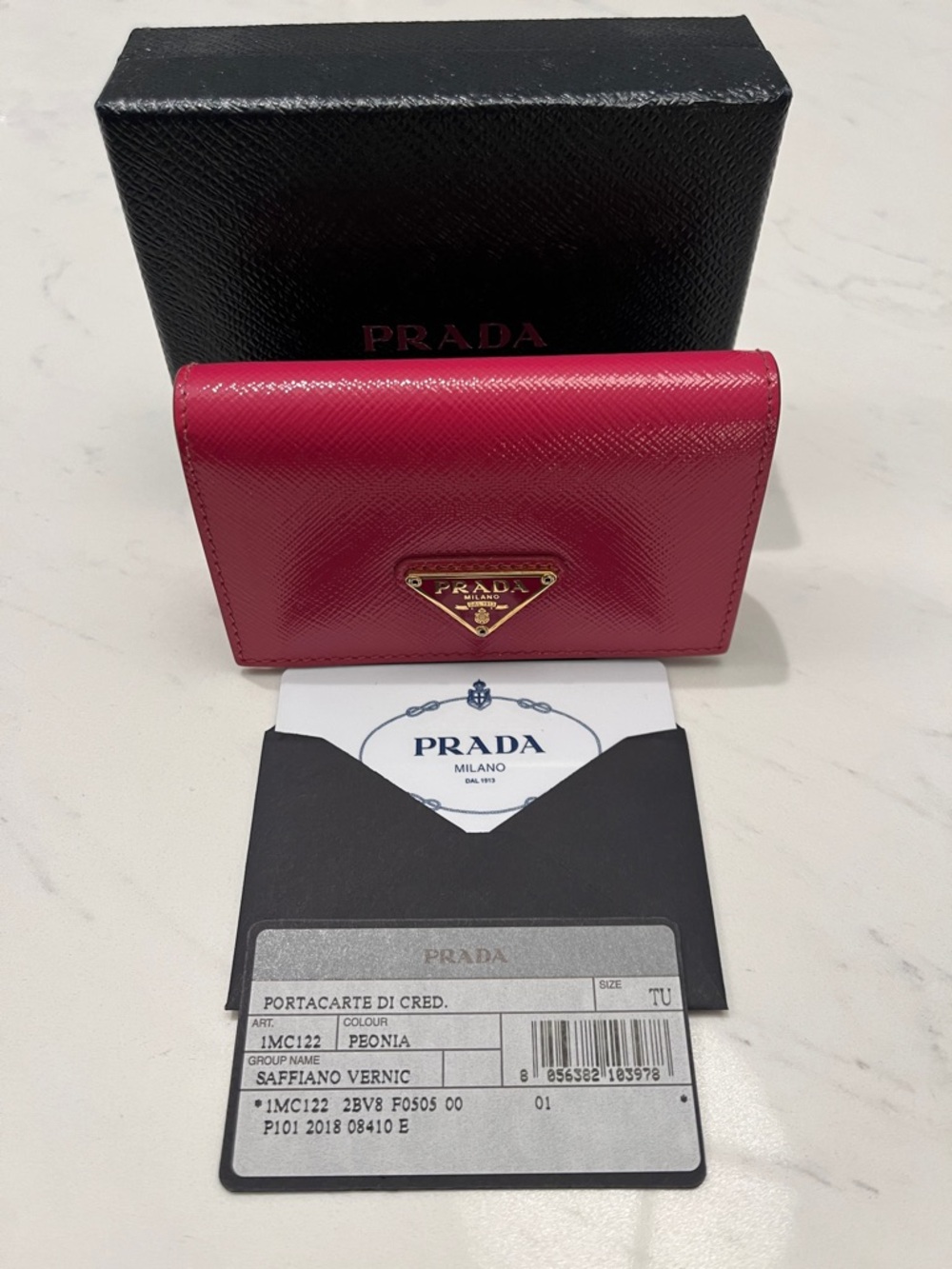 Prada Peonia Pink Saffiano Vernice Card Holder with Gold Logo